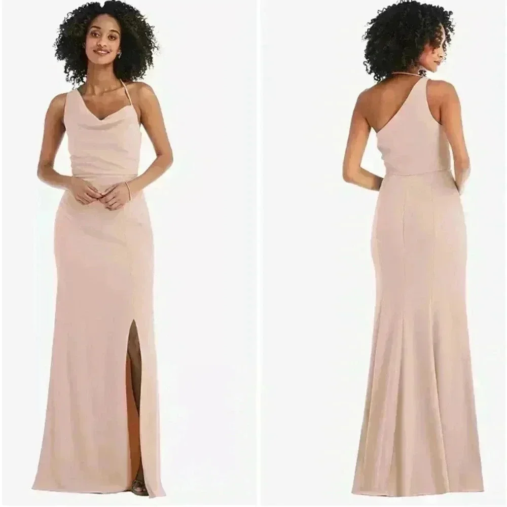 After Six - ONE-SHOULDER DRAPED COWL-NECK MAXI DRESS IN CAMEO - Size 6